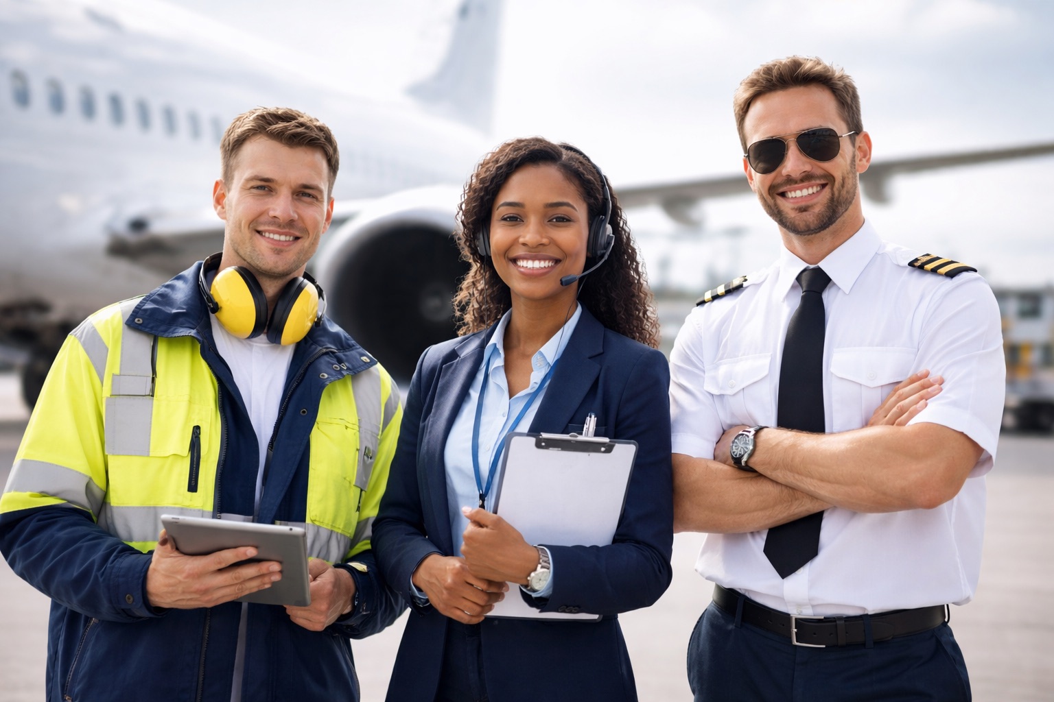 Ground crew technician, dispatcher, and airline pilot standing together on the tarmac in front of a commercial aircraft