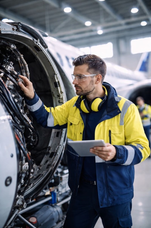 Aviation maintenance engineer inspecting an open jet engine cowling with a tablet in an aircraft hangar